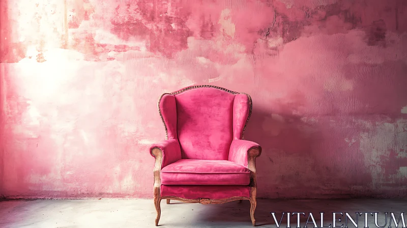 Pink upholstered armchair against textured pink wall background.