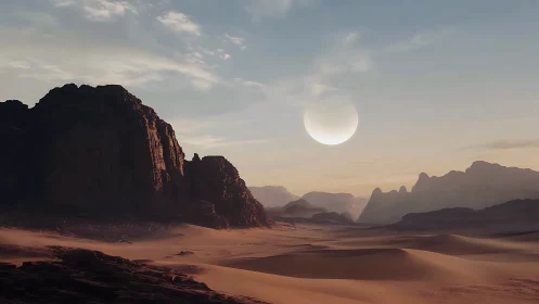 Desert cliffs under twin-light horizon with pale rising moon.