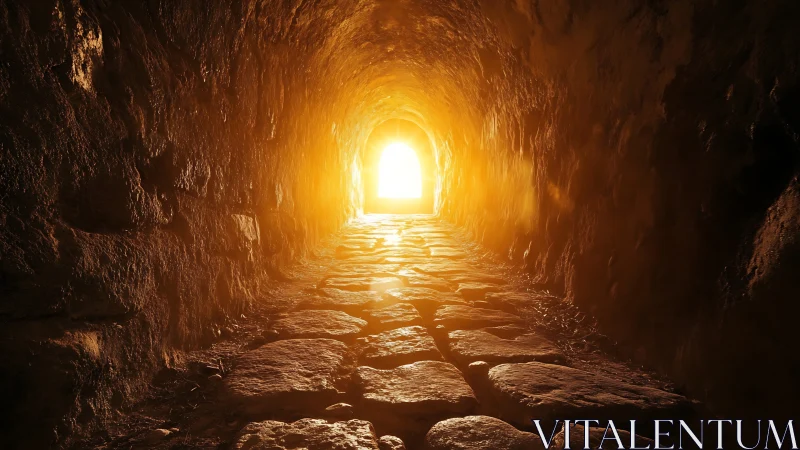 Stone tunnel interior lit by bright golden exit light.