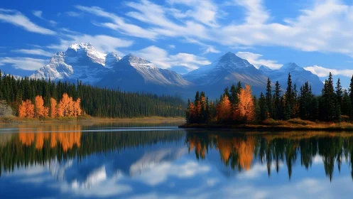 Autumn fire kisses alpine giants across a glassy mountain lake.