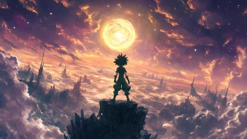 Celestial wanderer overlooking luminous cloud megacity.