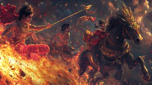 Mythic warriors ride blazing warhorse through stormfire