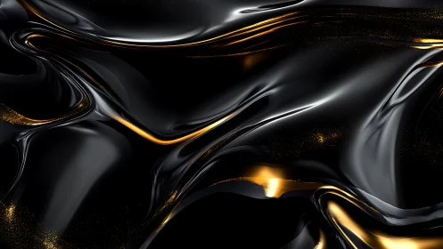 3D fluid black chrome surface with molten gold streak accents.