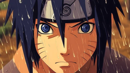 Intense anime warrior close-up under stylized driving rain.