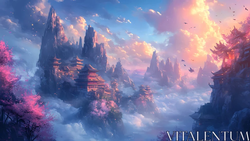 Dreamy mountain temples glowing above a sea of clouds.