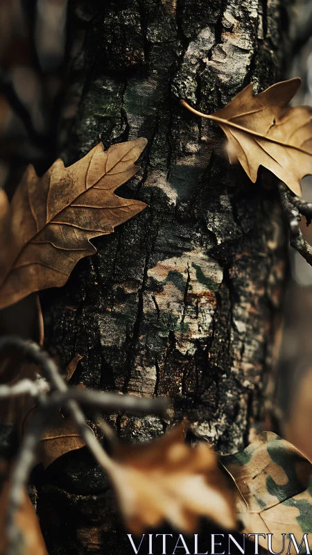 Autumn oak leaves rest quietly against textured tree bark.