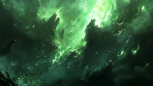 Chaotic emerald nebula with jagged crystalline void formations