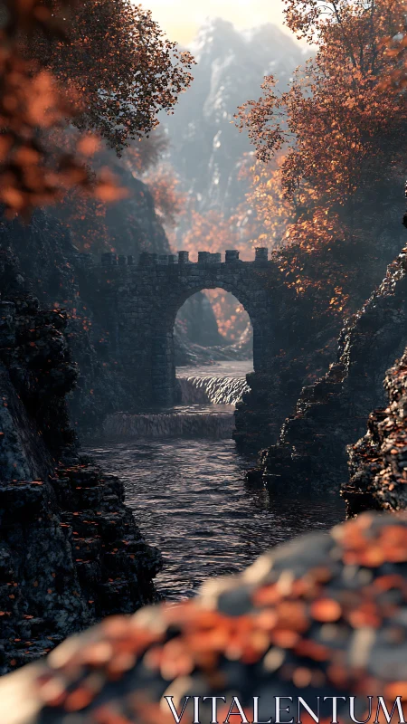 Stone arch bridge spans autumn gorge under soft haze.