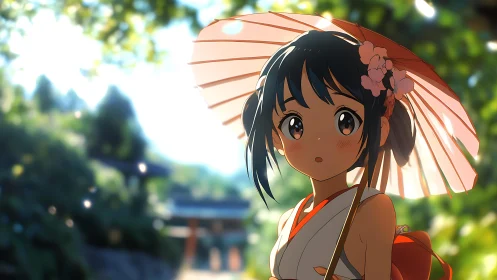 Anime shrine maiden under parasol in sunlit garden composition.