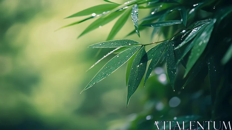 Green bamboo leaves hold water droplets against blurred background