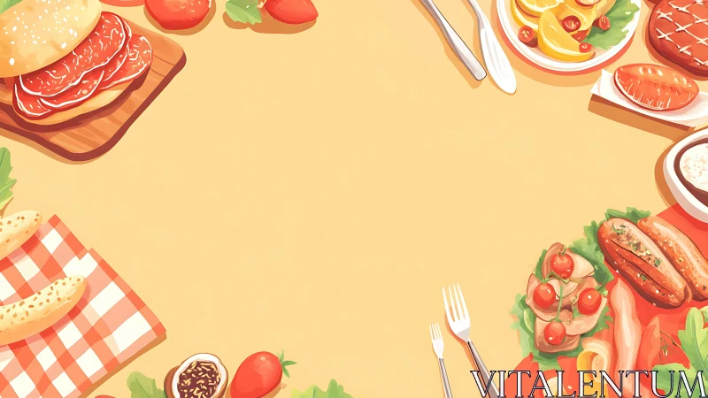 Sunlit picnic feast framing a playful empty menu space.