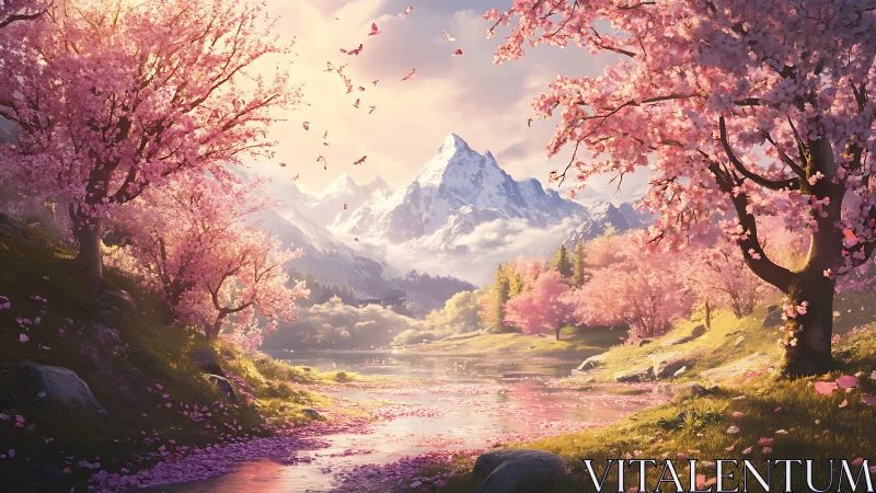 Alpine cherry blossom valley with reflective river illumination.