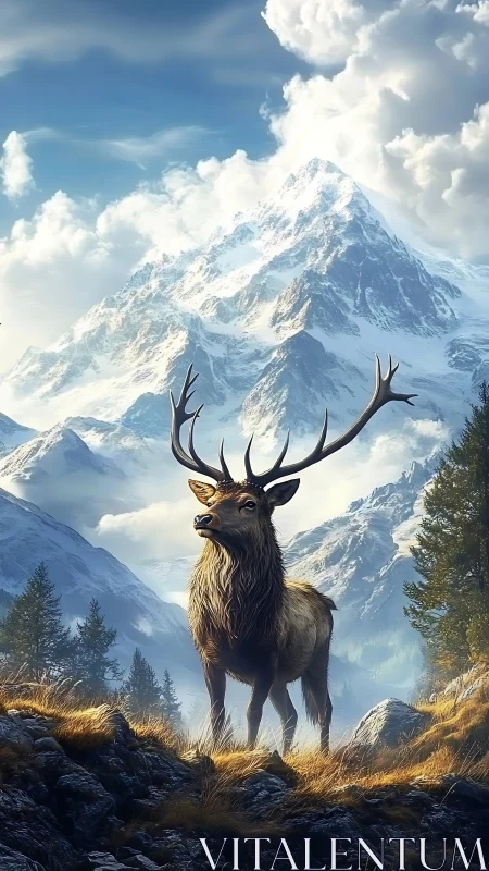 Majestic stag stands proud beneath towering alpine peaks