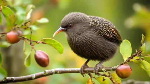 Fluffy brown songbird on fruit tree with soft focus background.