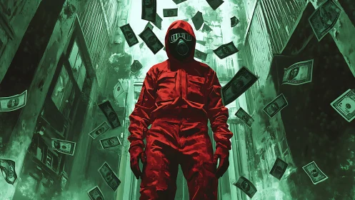 Masked figure in red suit walks through alley of falling cash.
