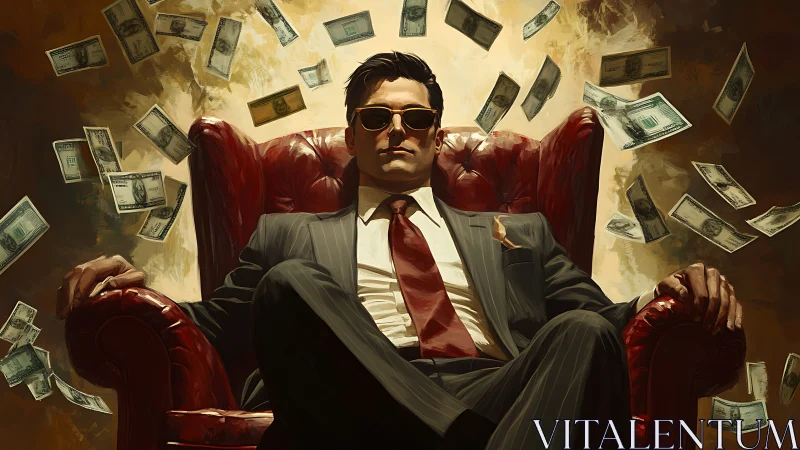 Cool confidence in a velvet throne of flying money dreams.