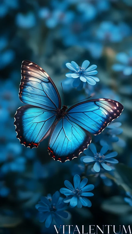 Azure wings drift through moonlit blossoms in quiet bloom.