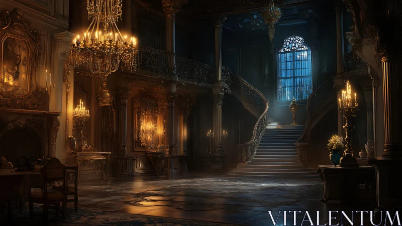 Gilded baroque grand hall with sweeping twin staircase.