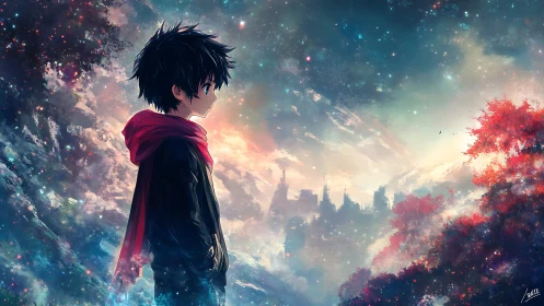 Stargazing wanderer weighs a distant dreamlit city below