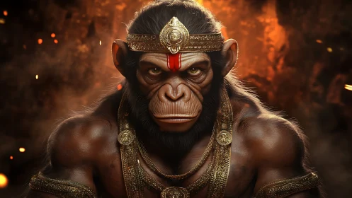 3D heroic simian deity portrait with ornate gold armor.