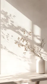 Dried branch in matte ceramic vase with strong wall shadows