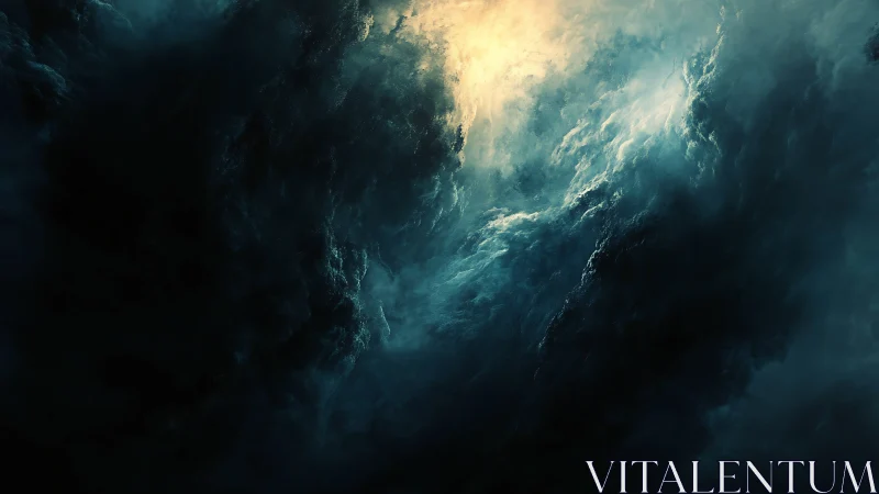 Stormy celestial clouds open toward a soft golden light above