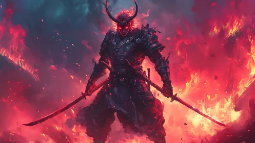 Hellfire ronin strides through crimson storm of burning steel.