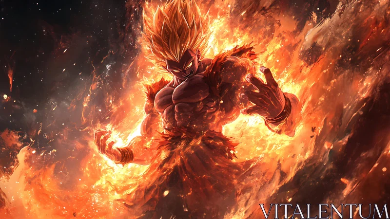 Volcanic energy warrior in incandescent combustion field.