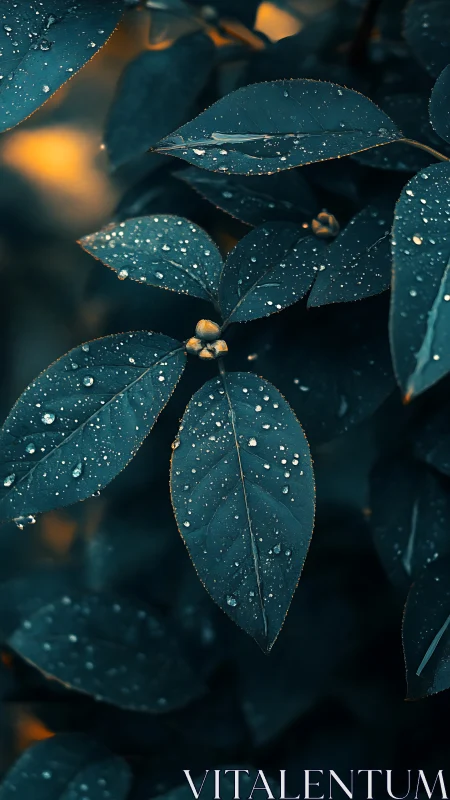 Macro-lit foliage with raindrop micro-lensing and bokeh glow.