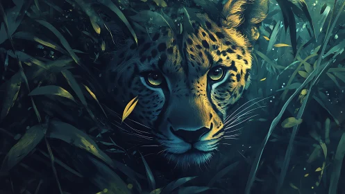 Luminous Predator: Digital Feline Portrait with Verdant Enclosure.