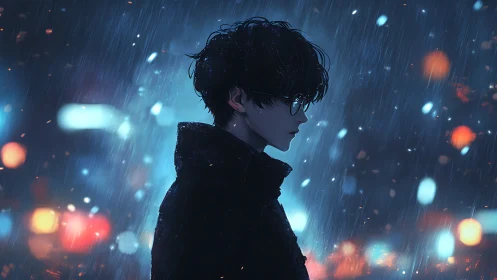 Figure in profile stands in rainy urban night environment