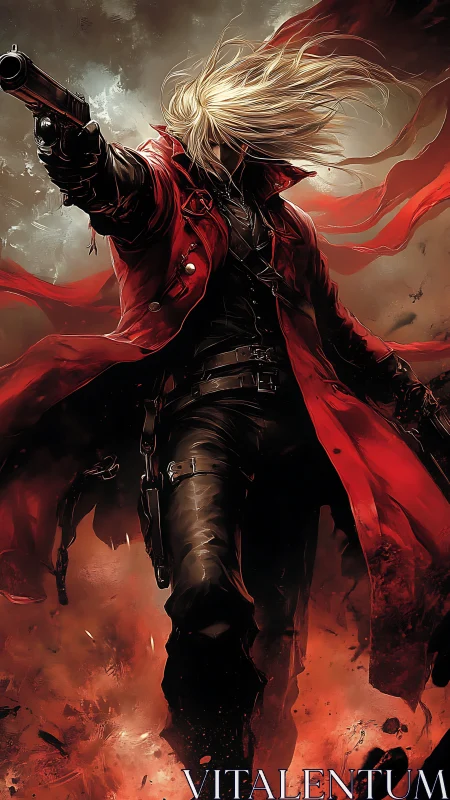 Gun-wielding antihero in crimson coat amid explosive embers.