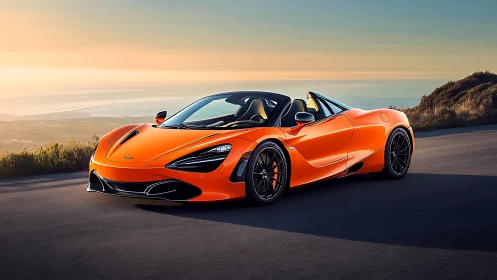 Sunlit orange supercar with aerodynamic coastal road stance.