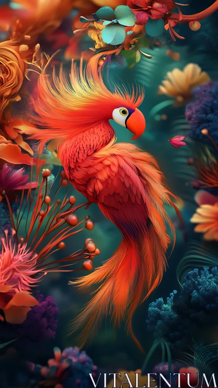 Radiant scarlet parrot amid surreal tropical florals.