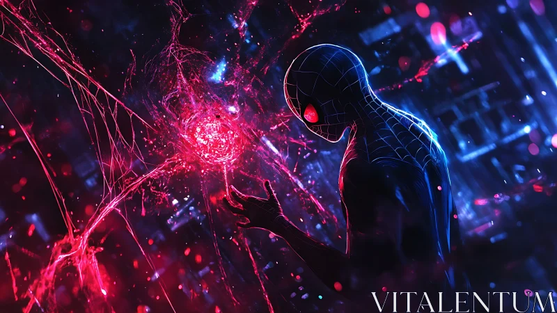 Neon-suited hero facing glowing red web core in city night.