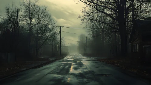 Rain-soaked ghost town street dissolving into winter fog.