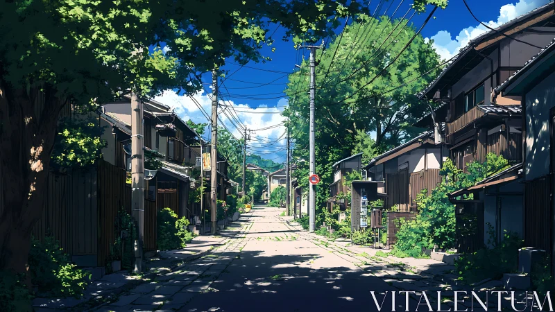 Quiet sunlit Japanese street with wooden houses and trees.