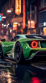 Neon-soaked green supercar prowls a rain-dazed city street.