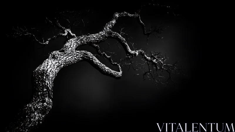 Dramatic black and white photo of twisted tree branches at night.