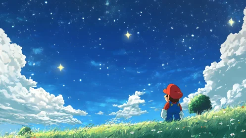 Mario gazes at a star-filled sky over a tranquil meadow.