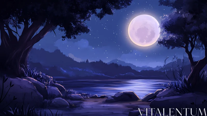 Lunar-illuminated lakeshore with silhouetted trees and distant hills