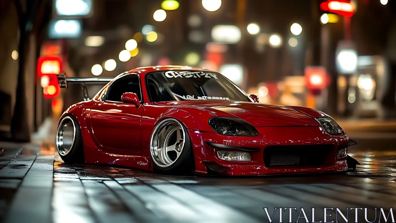 Stanced red sports car under glossy neon city nightscape.