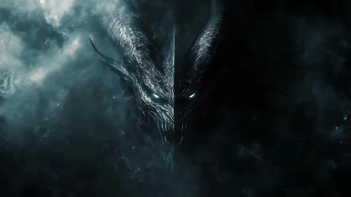 Symmetrical horned entity emerging from dark vapor field.