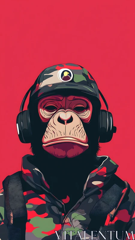 Camo-clad chimp soldier portrait with bold red backdrop.
