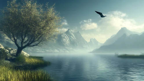 Serene alpine lake with misted peaks and lone soaring bird