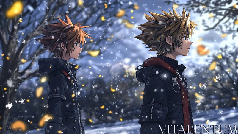 Two spiky-haired youths walking through a snowy forest.
