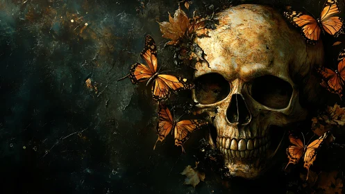 Corroded human skull with monarch butterflies in high-contrast chiaroscuro