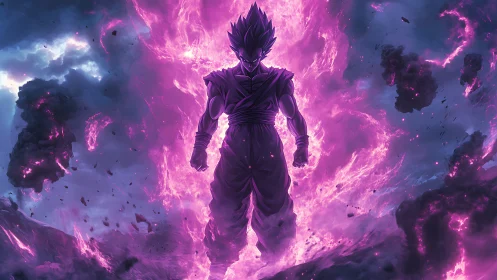 Storm-fed warrior strides from neon cosmic wildfire