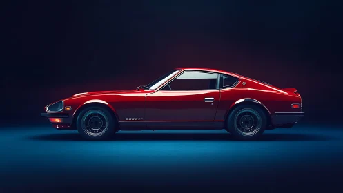 Crimson retro coupe idling in a midnight showroom hush.
