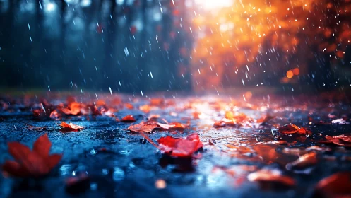 Crimson leaves whisper under rainlit autumn twilight streets